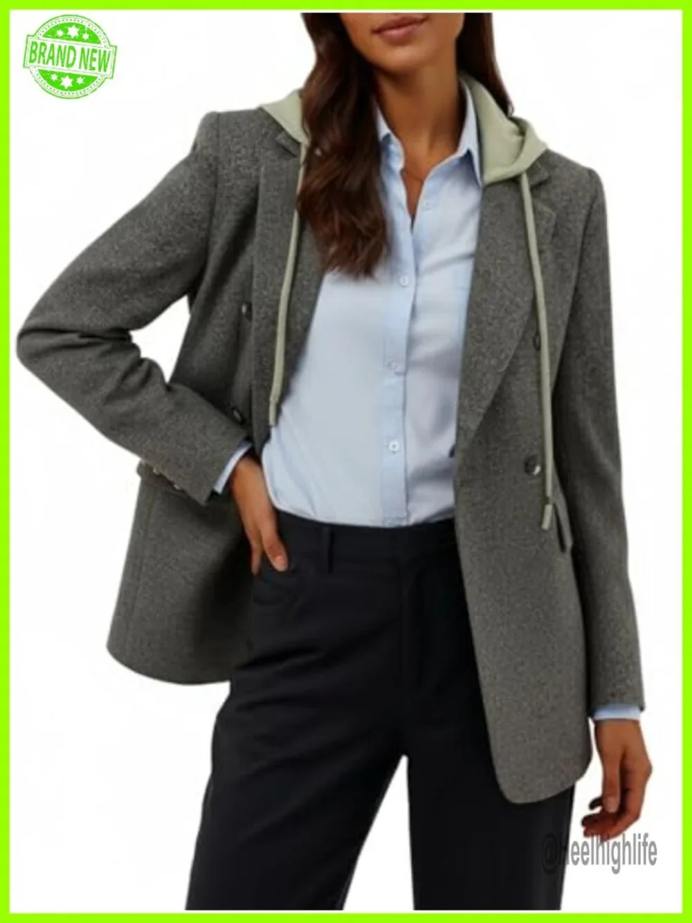 Women's Hooded Blazer Jacket - Lightweight Double-Breasted Oversized Full-Lined